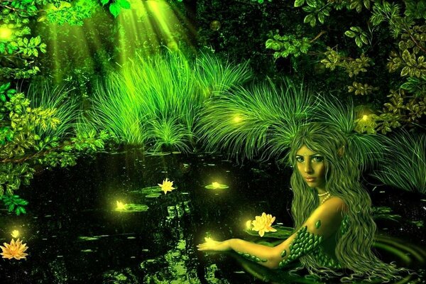 La strega fa il bagno in un lago da giardino