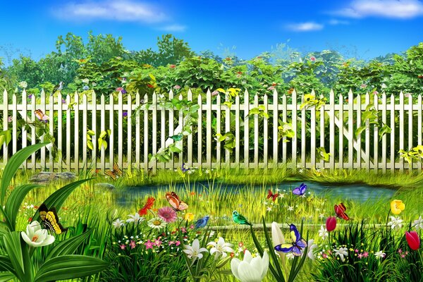 Giardino fiorito dietro una recinzione vicino al giardino