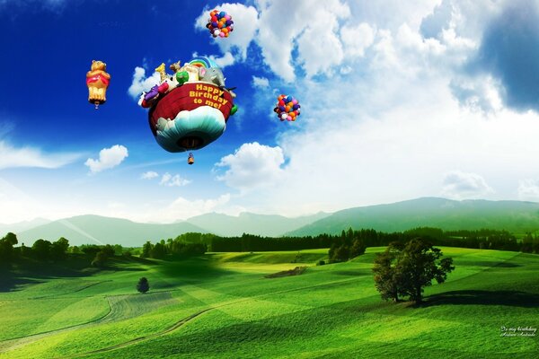 Grandi palle volanti sopra il campo verde