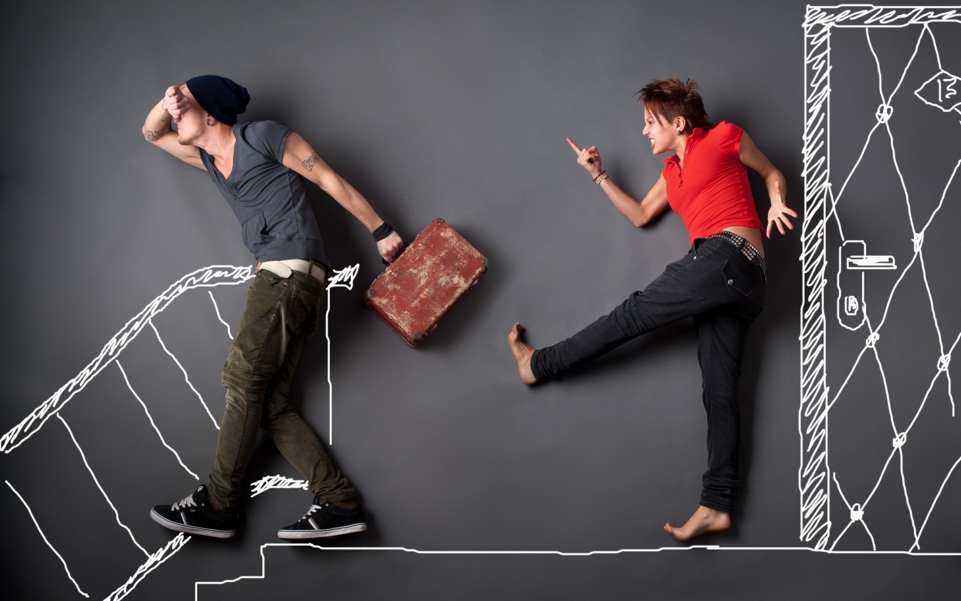 uomo pericolo coppia amore relazione divertente sul muro figura