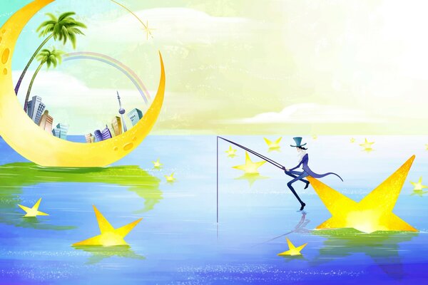 Illustrazione di un pescatore su una stella di mare