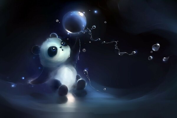Orso panda giocato con bolle di sapone incandescente