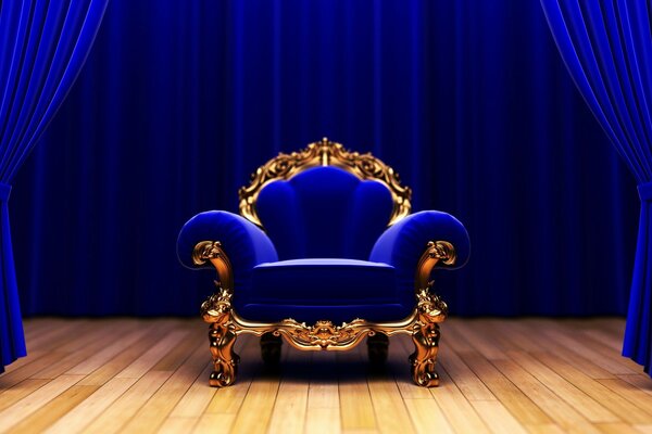 Sedia blu in teatro con tenda blu