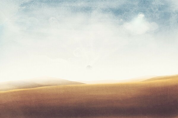 Tramonto nebbioso nel deserto soleggiato