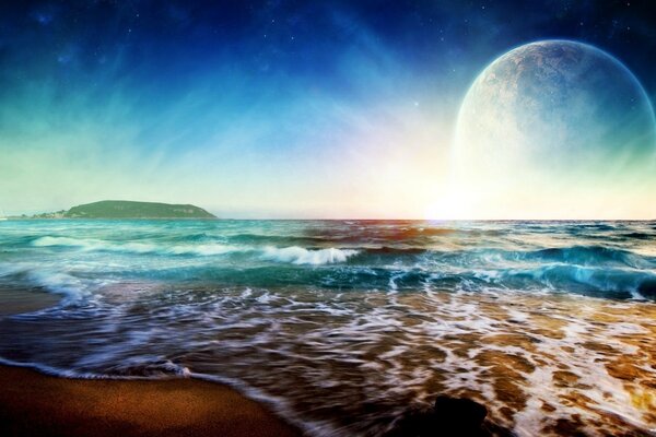 Marea sul mare con sfondo luminoso del cielo con pianeta sconosciuto