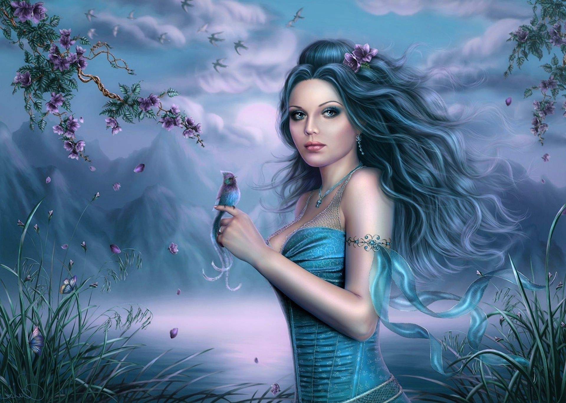 fantasia ragazza bella donna moda fata fiore ritratto modello estate ninfa acqua natura arte capelli bruna vestito fiaba viso sexy