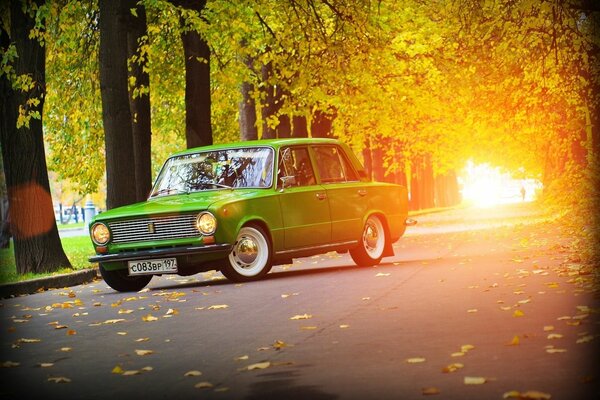 Piccola auto verde in piedi nel parco