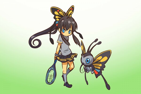 Ragazza che gioca a tennis con la farfalla
