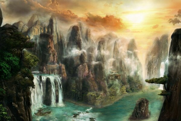 Natura della giungla con cascate e vegetazione fitta