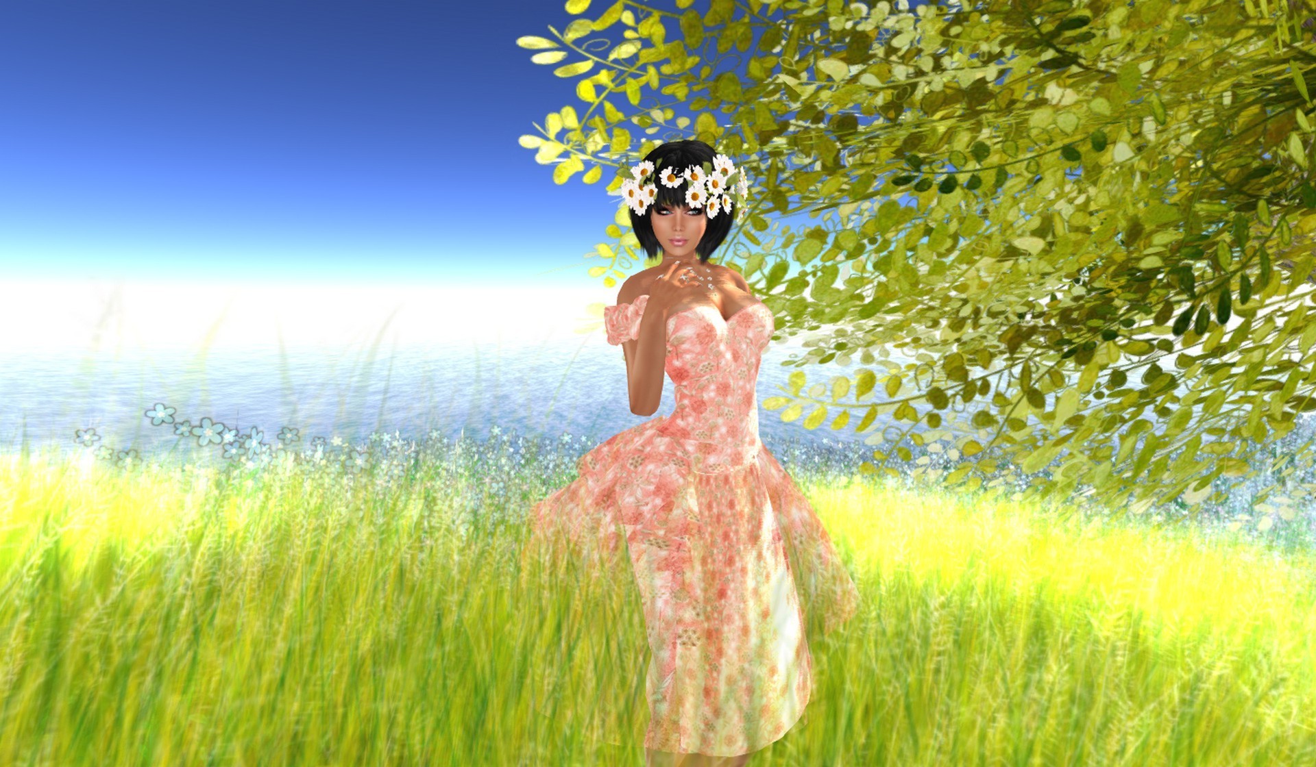fantasia estate natura erba gioia fieno campo relax felicità relax all aperto libertà piacere piacere cielo giovane ragazza bella vestito acqua amore