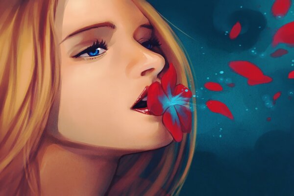 Disegno di una ragazza con le labbra in possesso di un fiore scarlatto su sfondo blu scuro