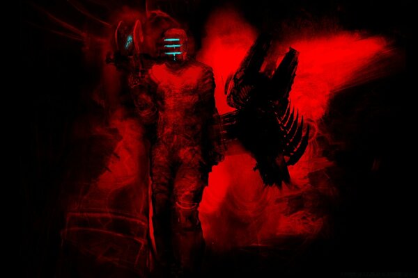 Robot su sfondo rosso con retroilluminazione sulla maschera
