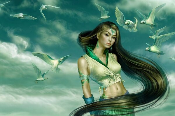 Grafica sirena dai capelli scuri circondata da uccelli
