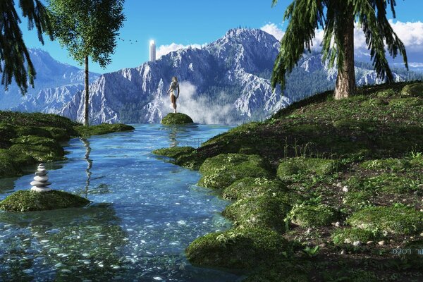 Cielo, montagne, cascata, alberi