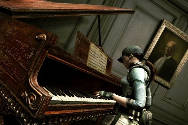 Resident evil. Ragazza in uniforme militare che suona il pianoforte a coda