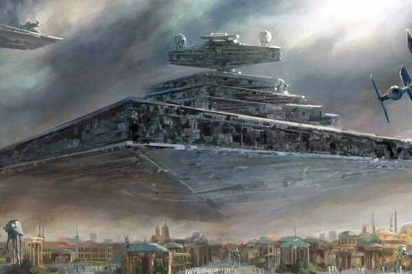 Nave di star warriors sopra la città