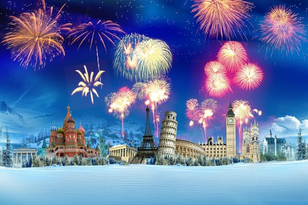 Fuochi d artificio sui punti di riferimento Dell Europa