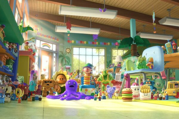 Immagine del fumetto toy story 3 con diversi giocattoli nella stanza