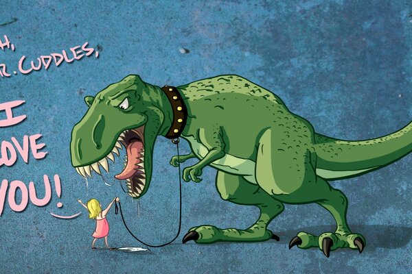 Dinosauro e ragazza sono amici in un posto su una cartolina