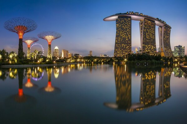Riflessione dei grattacieli nello stagno della città. Città Di Singapore