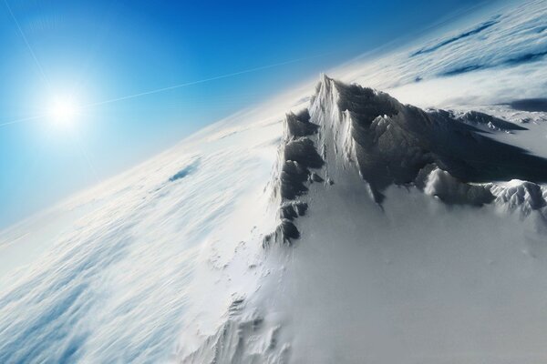 Grafica 3d, cima di montagna innevata sotto cielo sereno, illuminata dal sole